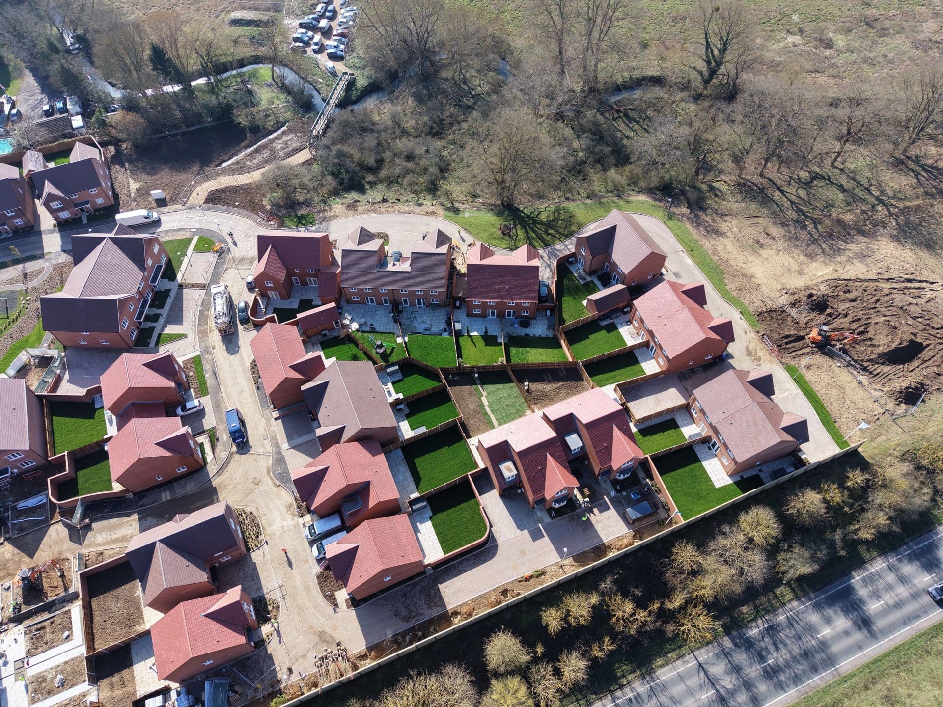Aerial view of a new build housing development