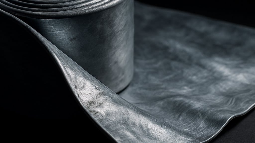 Editorial macro of a rolled sheet of lead flashing partially unrolled, showing the soft grey material texture