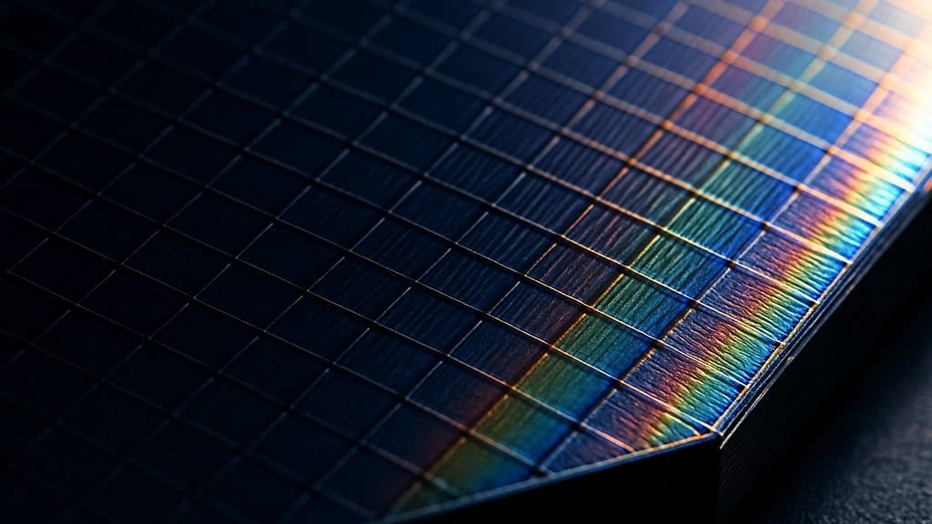 Editorial macro of a polished monocrystalline silicon wafer catching light with its characteristic deep blue rainbow shimmer