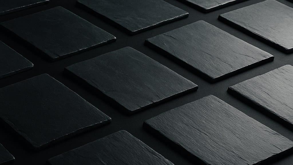 Editorial macro of dark slate tiles laid in an ordered repeating pattern, symbolising batched plot delivery